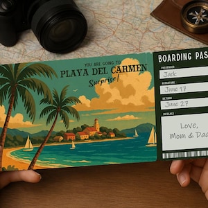 Carte d'embarquement pour voyage surprise – Billet de voyage imprimable pour PLAYA DEL CARMEN | Téléchargement PDF modifiable