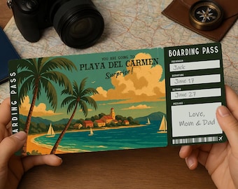 Surprise Trip Boarding Pass – Printable Travel Ticket to PLAYA DEL CARMEN | Editable pdf Download
