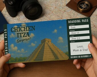 Surprise Trip Boarding Pass – Printable Travel Ticket to CHICHEN ITZA | Editable PDF Download