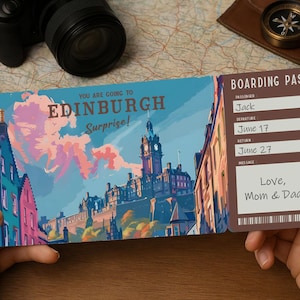 Carta d'imbarco per viaggio a sorpresa: biglietto di viaggio stampabile per EDIMBURGO | Scarica PDF modificabile