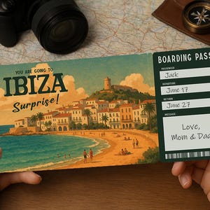 Surprise Trip Boarding Pass – Printable Travel Ticket to IBIZA | Editable PDF Download
