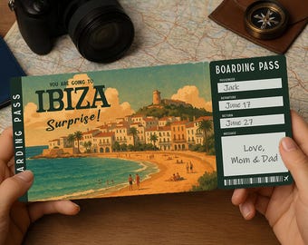 Surprise Trip Boarding Pass – Printable Travel Ticket to IBIZA | Editable PDF Download