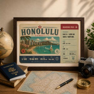 Puede incluir: Un estampado de viaje vintage enmarcado de Honolulu, Hawái. El estampado presenta una escena de playa con palmeras, un velero y un horizonte. Un pasaporte, un mapa, una brújula y una cámara están sobre la superficie de madera.