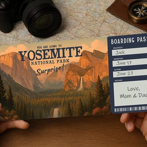 Carte d'embarquement pour voyage surprise – Billet de voyage imprimable pour le parc national de YOSEMITE | Téléchargement PDF modifiable