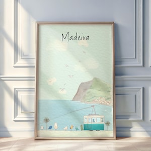 Minimalist watercolor illustration of Madeira Island, Portugal, featuring soft coastal silhouettes, terraced hillsides, and lush greenery suggested through delicate pastel washes. Fine ink accents and atmospheric gradients evoke the island’s dramatic cliffs and subtropical charm. The vertical composition brings a sense of height and serenity, capturing Madeira’s mix of natural beauty, ocean breezes, and peaceful landscapes.
