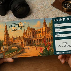Surprise Trip Boarding Pass – Printable Travel Ticket to SEVILLE | Editable PDF Download