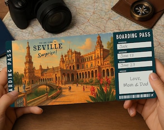Surprise Trip Boarding Pass – Printable Travel Ticket to SEVILLE | Editable PDF Download