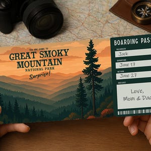 Surprise Trip Boarding Pass – Printable Travel Ticket to GREAT SMOKY MOUNTAIN National Park | Editable pdf Download