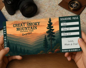 Surprise Trip Boarding Pass – Printable Travel Ticket to GREAT SMOKY MOUNTAIN National Park | Editable pdf Download