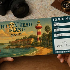 Carta d'imbarco per viaggio a sorpresa: biglietto di viaggio stampabile per HILTON HEAD ISLAND | Scarica PDF modificabile