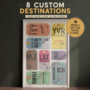 Custom Vintage Travel Poster with 8 Baggage Tags | Personalized Airport Code Wall Art