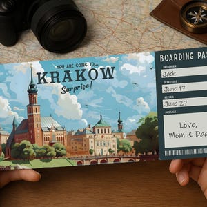 Surprise Trip Boarding Pass – Printable Travel Ticket to KRAKOW | Editable PDF Download