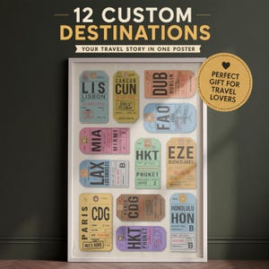 Personalized Travel Memory Poster with 12 Luggage Tags, Custom Airport Code Wall Art, Places We've Been Gift