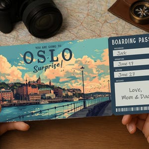 Bordkarte für die Überraschungsreise – Ausdruckbares Reiseticket nach OSLO | Bearbeitbarer PDF-Download