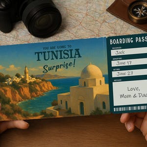 Surprise Trip Boarding Pass – Printable Travel Ticket to TUNISIA | Editable PDF Download