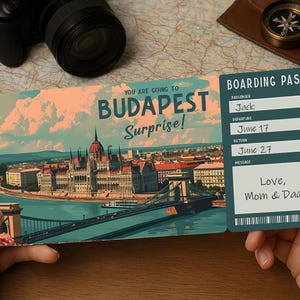 Bordkarte für die Überraschungsreise – Ausdruckbares Reiseticket nach BUDAPEST | Bearbeitbarer PDF-Download