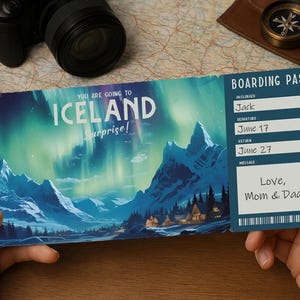Carta d'imbarco per viaggi a sorpresa: biglietto di viaggio stampabile per l'ISLANDA | Scarica PDF modificabile