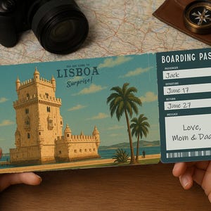 Surprise Trip Boarding Pass – Printable Travel Ticket to LISBOA | Editable PDF Download