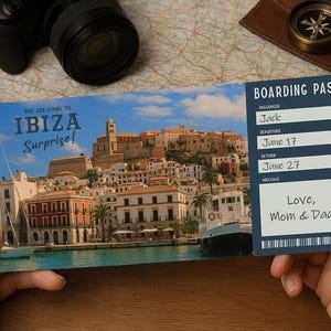 Bordkarte für die Überraschungsreise – Ausdruckbares Reiseticket nach IBIZA | Bearbeitbarer PDF-Download
