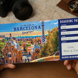 Surprise Trip Boarding Pass – Printable Travel Ticket to BARCELONA | Editable PDF Download