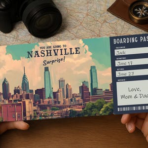Bordkarte für die Überraschungsreise – Ausdruckbares Reiseticket nach NASHVILLE | Bearbeitbarer PDF-Download