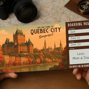 Carta d'imbarco per viaggi a sorpresa: biglietto di viaggio stampabile per la CITTÀ DI QUEBEC | Scarica PDF modificabile