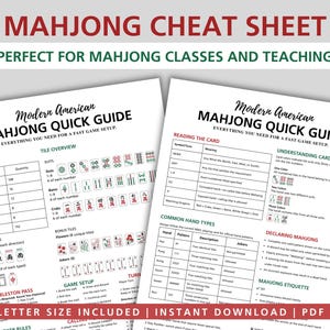 Mahjong fusklapp PDF, snabbguide för lärare, regeldiagram för handreferens, utskrivbar amerikansk bokstav