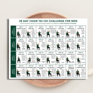 Reto de Tai Chi en silla de 28 días para hombres, programa de ejercicios de bajo impacto sentados para personas mayores y principiantes, entrenamiento de equilibrio, movilidad y fuerza.