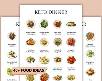 Idee per cene chetogeniche stampabili, oltre 40 idee per pasti a basso contenuto di carboidrati, pianificatore di pasti chetogenici, download immediato in PDF, promemoria di ricette chetogeniche