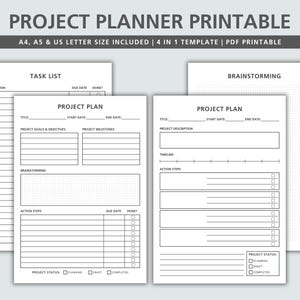 Könnte beinhalten: Druckbare Projektplaner-Vorlage mit dem Text "PROJECT PLANNER PRINTABLE". Das Design umfasst Aufgabenlisten, Projektpläne und Brainstorming-Seiten. Die Vorlage ist in den Größen A4, A5 und US Letter erhältlich. Das PDF-Druckprodukt enthält 4-in-1-Vorlagen.