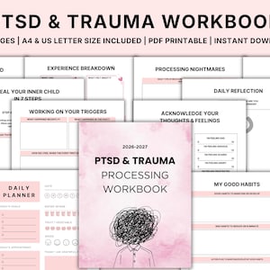 May include: A PTSD & Trauma Processing Workbook with 90+ pages, including A4 and US letter sizes. The cover features a pink watercolour background, the text 2026-2027 PTSD & TRAUMA PROCESSING WORKBOOK, and a line drawing of a person with a scribbled head.