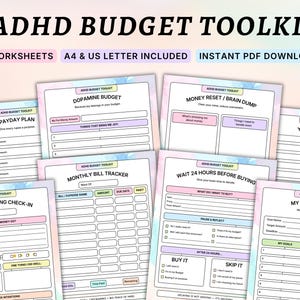 Peut inclure: Kit de budgétisation TDAH avec 8 feuilles de calcul, comprenant les formats A4 et US Letter. Les pages présentent des motifs pastel colorés et comprennent des sections pour la planification des salaires, la budgétisation de la dopamine et le suivi des dépenses.