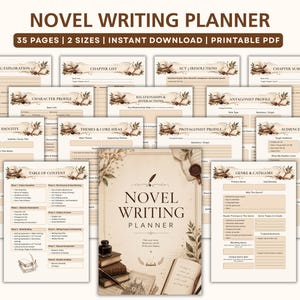 May include: A printable novel writing planner set featuring 35 pages in two sizes. The pages include sections for setting exploration, character profiles, chapter summaries, and genre categories, all decorated with vintage-style ink and quill graphics.