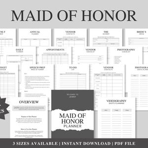 May include: A collection of printable planner pages for a Maid of Honor, including monthly, annual, and daily planners, vendor contacts, and speech prep. The cover reads "Maid of Honor Planner" with the text "50+ Pages" and "3 Sizes Available | Instant Download | PDF File".