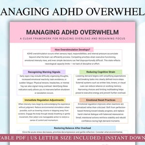 May include: A printable PDF document titled "MANAGING ADHD OVERWHELM" with a pink and white design. The document provides a framework for reducing overload and regaining focus, with sections on overstimulation, warning signs, and regulation.