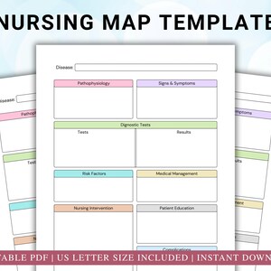 May include: A stack of white nursing map templates with a variety of labeled sections, including pathophysiology, signs & symptoms, tests, and risk factors. The text "NURSING MAP TEMPLATE" is at the top. The bottom of the image reads "PRINTABLE PDF | US LETTER SIZE INCLUDED | INSTANT DOWNLOAD".