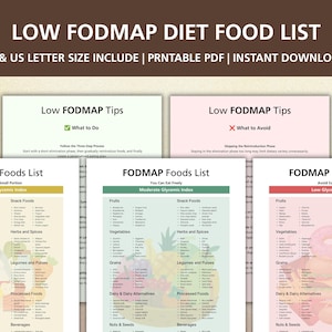 May include: A digital Low FODMAP Diet Food List document set featuring multiple pages with categorized food groups, dietary tips, and glycemic index information. The pages include text headers like Low FODMAP Tips, What to Do, and What to Avoid.