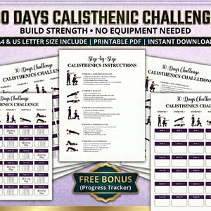 Könnte beinhalten: Ein druckbares 30-Tage-Calisthenics-Challenge-Dokument mit Übungsanleitungen, Illustrationen von Körpergewichtsübungen und einem Fortschritts-Tracker. Der Text enthält 30 DAYS CALISTHENICS CHALLENGE, BUILD STRENGTH und NO EQUIPMENT NEEDED.