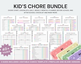 Kids Chore Chart Bundle, 40+ Pages, Daily Weekly Routine Planner, Behavior Reward Chart, Allowance Responsibility Charts, Canva Template
