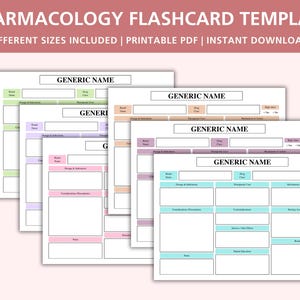 Op de afbeelding: Een verzameling farmacologie flashcard-sjablonen met een roze koptekst met de tekst "PHARMACOLOGY FLASHCARD TEMPLATE". De kaarten hebben secties voor generieke namen, geneesmiddeleninformatie en therapeutisch gebruik. De tekst "Different Sizes Included | Printable PDF | Instant Download" is ook zichtbaar.