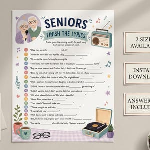 May include: A Seniors Finish the Lyrics game sheet featuring an illustration of an elderly couple, a radio, and a record player. The text includes sixteen song lyric fill-in-the-blank questions, with three separate cards stating 2 SIZES AVAILABLE, INSTANT DOWNLOAD, and ANSWER KEY INCLUDED.