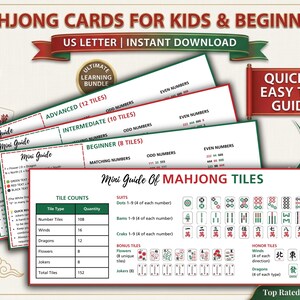 Mahjongkort för barn, utskrivbara Mahjongkort, nybörjare, mellannivåer och avancerade nivåer, Mini Mahjong 101-rutguide, direktnedladdning