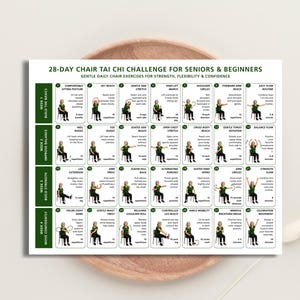 Op de afbeelding: Een wit rechthoekig overzicht met de titel 28-DAY CHAIR TAI CHI CHALLENGE FOR SENIORS & BEGINNERS. Het bevat een raster van 28 genummerde oefeningspictogrammen met tekstinstructies, verdeeld in vier wekelijkse secties voor training.
