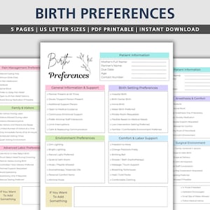 Puede incluir: Un documento PDF imprimible titulado "Preferencias de Nacimiento" con secciones para información del paciente, preferencias de parto y medidas de confort. El documento está diseñado para ayudar a los futuros padres a comunicar sus preferencias.