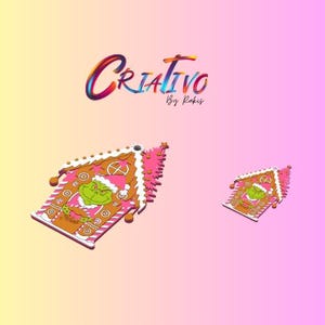 May include: A festive gingerbread house decoration with a Grinch design, wearing a Santa hat. The ornament is brown, pink, and white with a green Grinch face. The word "Criativo" is written in colourful script above the ornament.