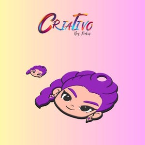 May include: A cartoon illustration of a smiling character with purple hair and earrings. The image includes the word "Creativo" in colorful, stylized lettering, with "By Rakis" below it. The background transitions from yellow to pink.