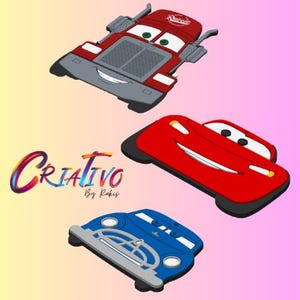 May include: Three cartoon car designs in red, blue, and red. The red truck has the word "Rusteze" on top. The word "Creativo" is written in colorful script. The background is a gradient of pink and yellow.