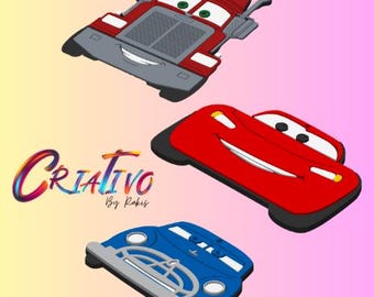 May include: Three cartoon car designs in red, blue, and red. The red truck has the word "Rusteze" on top. The word "Creativo" is written in colorful script. The background is a gradient of pink and yellow.