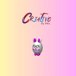 Pode incluir: Um coelho branco em estilo cartoon com detalhes em rosa, incluindo orelhas, pés e bochechas, está centralizado contra um fundo gradiente de amarelo, pêssego e rosa. A palavra "Criativo" está escrita em um script colorido e estilizado acima do coelho.