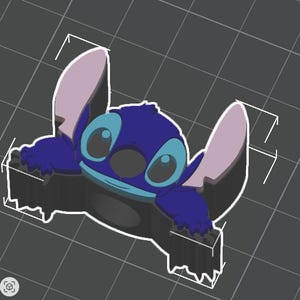 May include: A 3D-rendered model of Stitch, the blue alien from Lilo & Stitch. The model features Stitch's large ears, big eyes, and a wide smile. The character is set against a gray grid background, with white outlines.